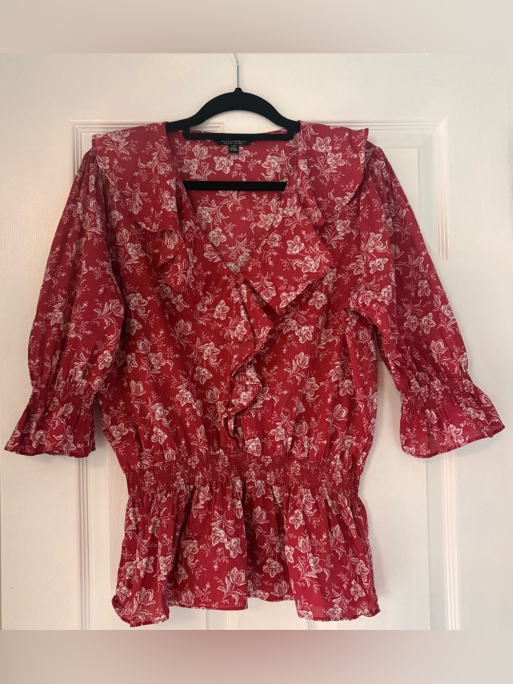 Lauren Ralph Lauren Red Floral Blouse | Size Large | Ruffle Front | Peplum Top